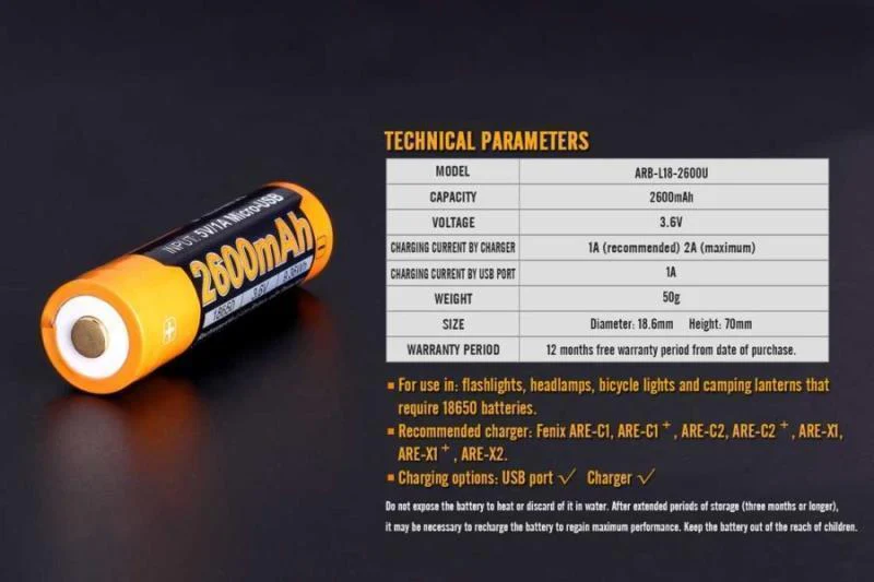 ARB-L18 18650 2600mAh Battery - USB Rechargable - Image 4